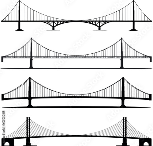 Four black silhouette suspension bridges and arch bridges on white background black and white