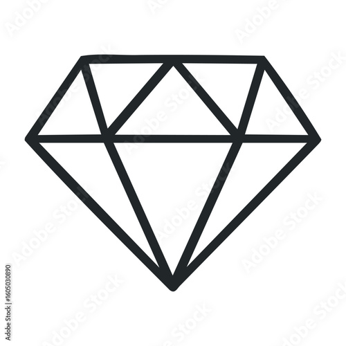 Geometric black outline diamond symbol with faceted design on white background. Vector illustration