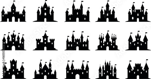 Collection of black silhouette fairytale castles with flags on white background medieval architecture