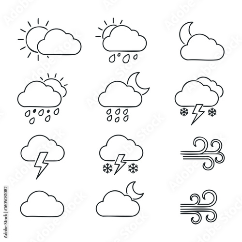 Weather icons collection: sun, clouds, rain, snow, wind, and storm symbols. Vector illustration
