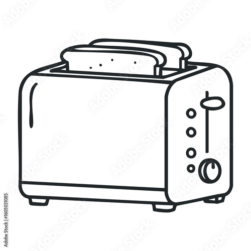 Black and white toaster illustration with bread slices in minimalist style. Vector illustration
