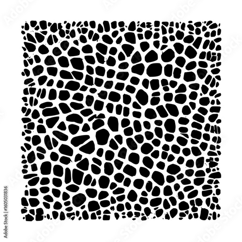A repetitive pattern of black organic shapes resembling animal skin or abstract cell structures is shown