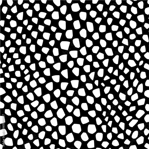 Black background filled with irregularly shaped white spots creating a dense and organic pattern look