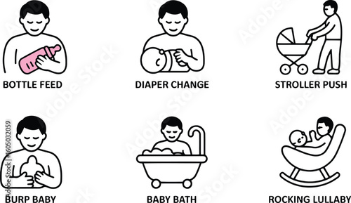 Essential Baby Care Icons Set Depicting Bottle Feeding, Diaper Change, and More