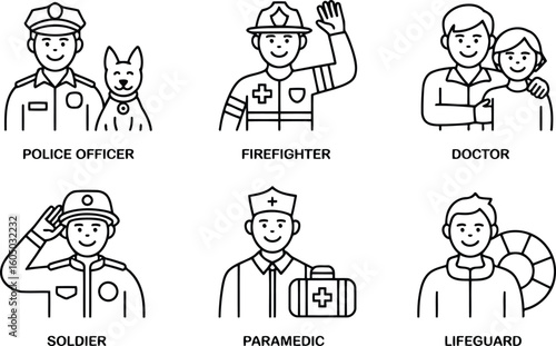 Essential Community Helpers Line Art Icons Set Depicting Vital Public Service Roles