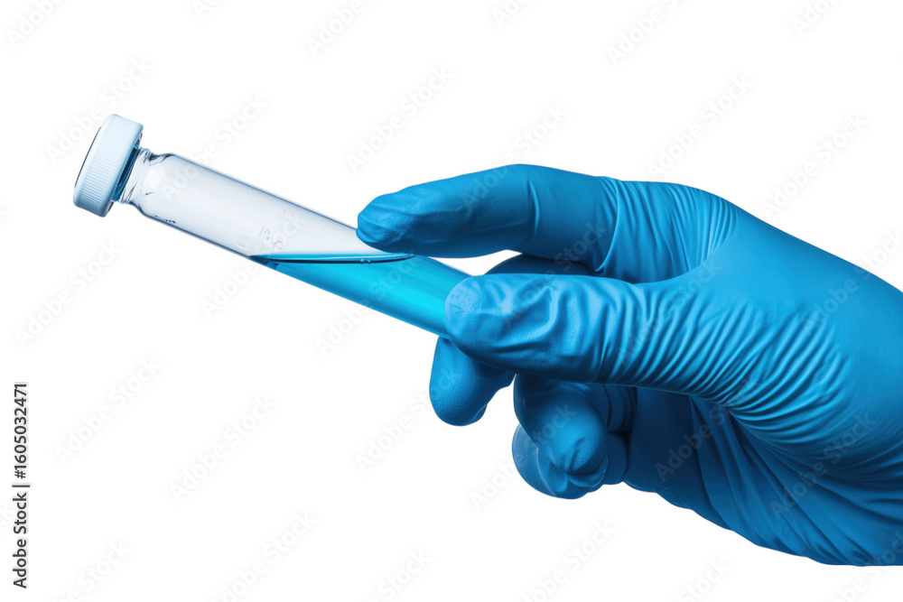Hand in blue glove holding a test tube filled with bright blue liquid transparent Hand in blue glove holding a test tube filled with bright blue liquid transparent