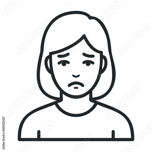 Sad caucasian young female with short hairline illustration, black and white. Vector illustration