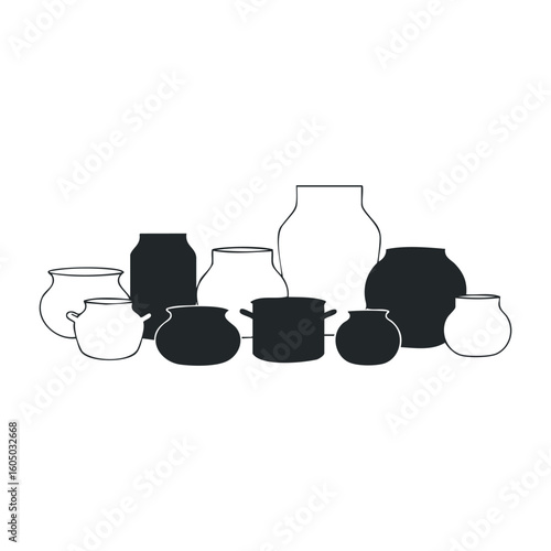 Silhouette of diverse ceramic vases in varied shapes and sizes on white background. Vector illustration