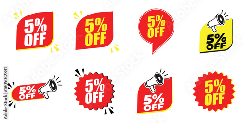 5% Off Red Badges – 5% Discount Sticker for Sales, Offers, and Promotions