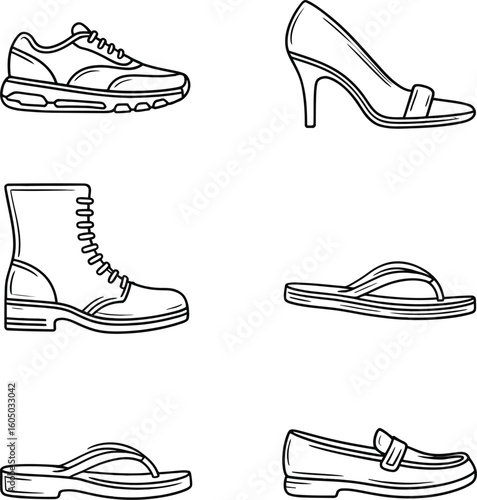 Variety of Stylish Footwear Line Art Illustrations