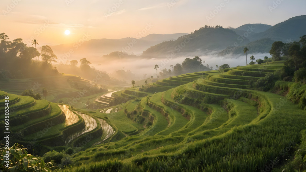 Fototapeta premium Scenic photo of rice terraces at sunrise, golden light illuminating the lush green landscape, mist in the background, tranquil rural scene, no people. 