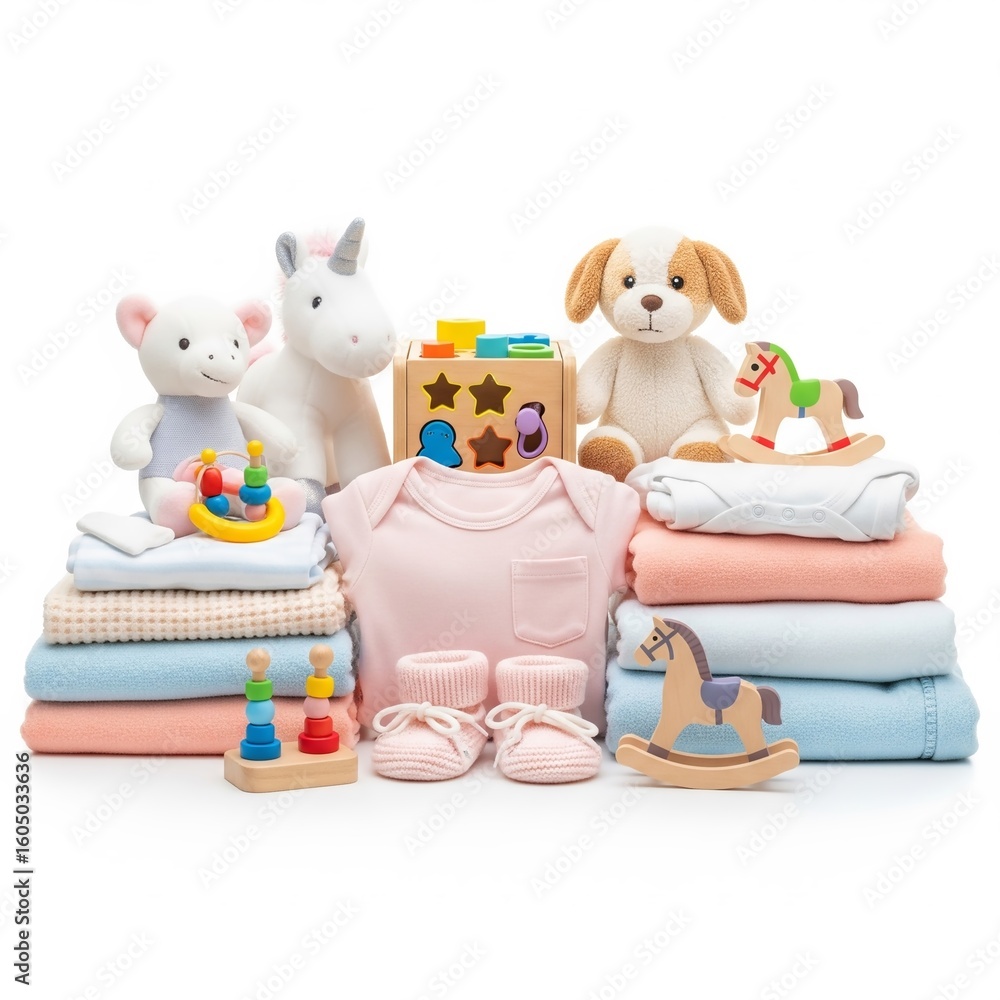 Obraz premium A neatly arranged collection of children's clothes, soft plush animals, eco-friendly wooden toys, and warm blankets in pastel shades, all for charity on a pure white background