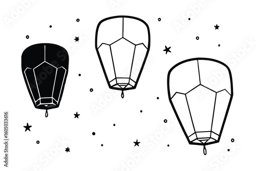 Floating Paper Lanterns In Night Sky Cartoon Vector