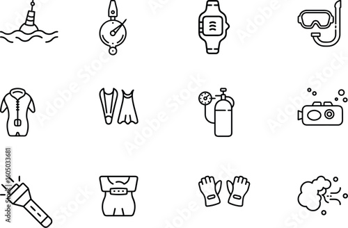 Minimal Diving Equipment Line Icons – Scuba Gear, Mask, Oxygen Tank, Fins, and Underwater Tools Vectors