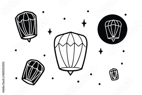 Floating Paper Lanterns In Night Sky Cartoon Vector