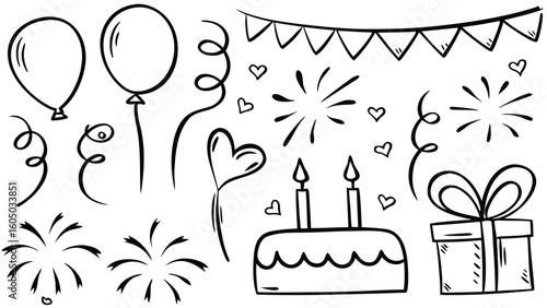 Hand-Drawn Party Icons – Balloons, Cake, Fireworks, Gift, Bunting