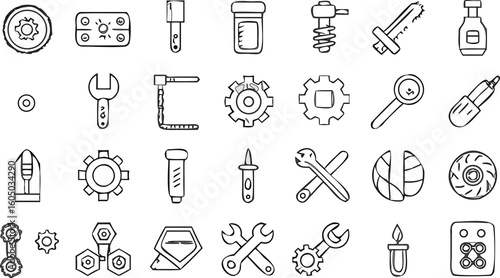 Mechanical Tools and Engineering Line Icons – Industrial Gear & Repair Toolkit Set