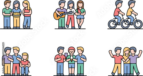 Friendship Icons Depicting Group Activities, Shared Moments, and Togetherness Among Friends