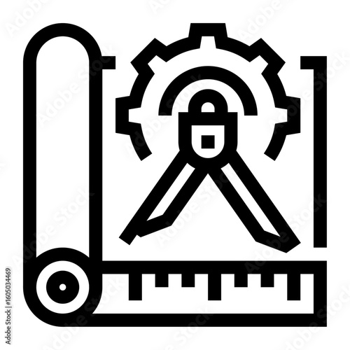 Icono de diseño industrial. Plano técnico con compás y reglas. Planificación técnica y desarrollo estructural. Ilustración vectorial