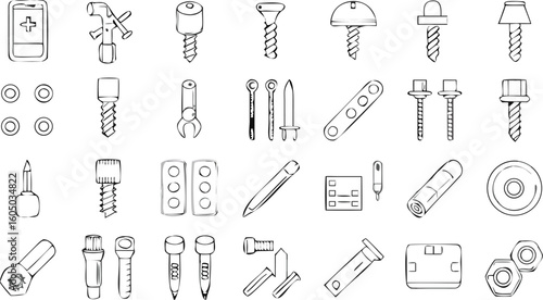 Precision Fasteners & Screw Parts Icon Set – Minimal Line Style Mechanical Hardware