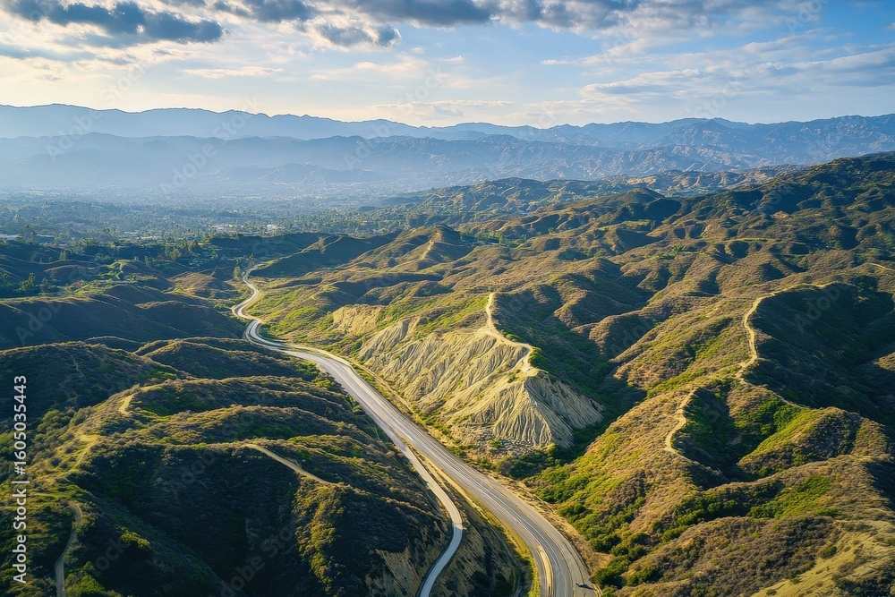 Fototapeta premium Aerial view capturing a section of the San Andreas Fault in California's rugged terrain, Aerial shot of a small section of the San Andreas Fault to the North West of Los Angeles