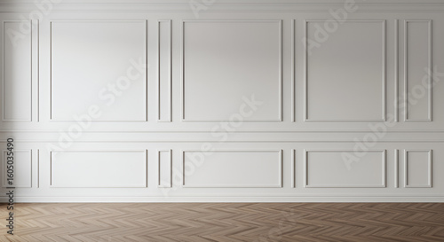 Room interior with white classic wall panel and wooden floor. Light background with luxury elegant molding frames. Realistic 3d vector illustration of home or office design with moulding and parquet