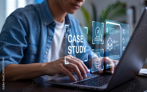Person typing on laptop with case study infographic