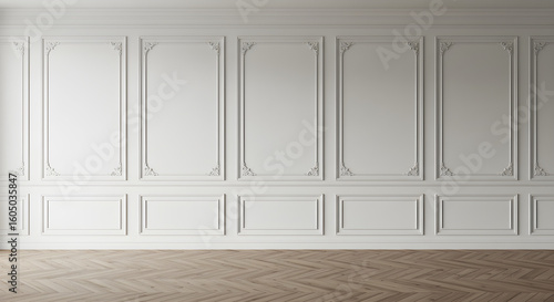 Room interior with white classic wall panel and wooden floor. Light background with luxury elegant molding frames. Realistic 3d vector illustration of home or office design with moulding and parquet