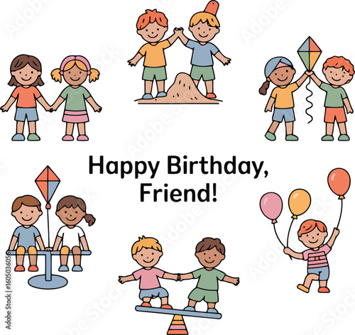 Joyful Birthday Celebration with Playful Children Engaged in Various Activities Vector