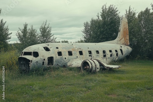 Wallpaper Mural Ripped apart airplane rests in overgrown grass near trees in remote area, Tracking, wide shot of ripped apart airplane in graveyard Torontodigital.ca