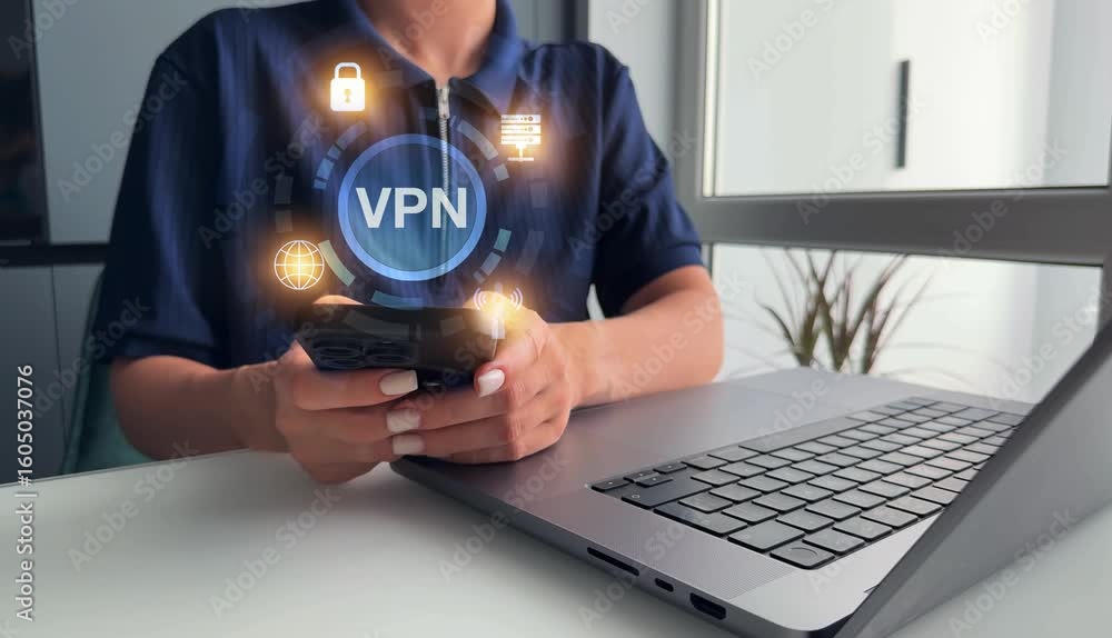 VPN(Virtual Private Network) secure connection.Remote server private internet network to protect privacy personal data.Digital connection between computer and a remote server owned VPN provider.	