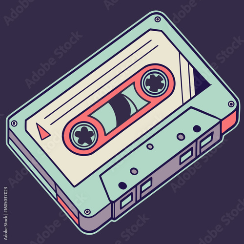 Illustrated retro cassette tape with light blue and coral accents on a dark blue background design