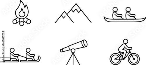 Outdoor Adventure Activities Campfire, Mountains, Canoeing, Sledding, Telescope, and Biking