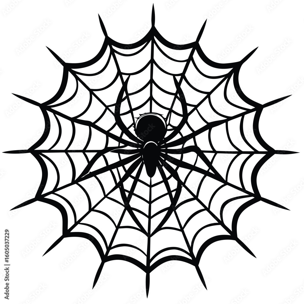 Fototapeta premium Black spider on intricate web silhouette arachnid