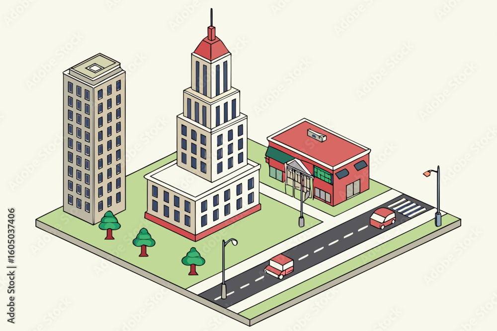 Fototapeta premium Isometric view of a city block with buildings trees cars street lights and a road with crosswalks shown