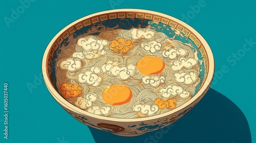 Whimsical Ramen Bowl: Noodles as Clouds and Eggs as Moons