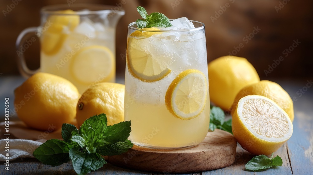 Fototapeta premium Refreshing lemonade with ice, mint, and fresh lemons
