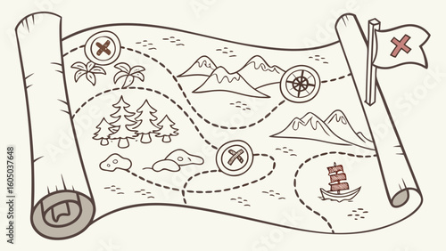 Illustration of a vintage treasure map with a dotted path and various landmarks on a rolled parchment