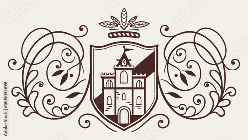 Decorative coat of arms featuring a castle with floral ornaments and a crown of leaves on top of the shield