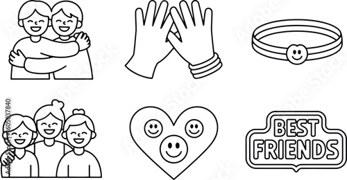 Two Friends Embracing Each Other with Joyful Smiles Line Art Illustration for Friendship Day