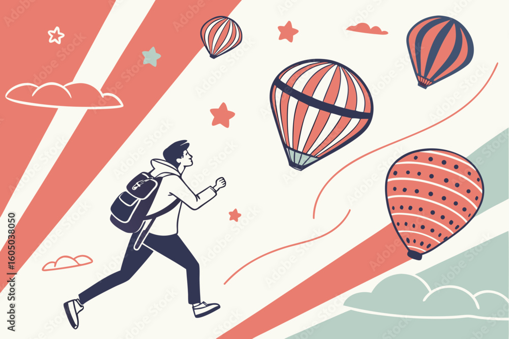 Fototapeta premium Illustration of a running man with a backpack chasing hot air balloons amidst clouds and stars design