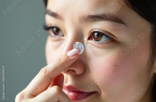 Asian girl putting on soft contact lens close up, holding contact lens near eye