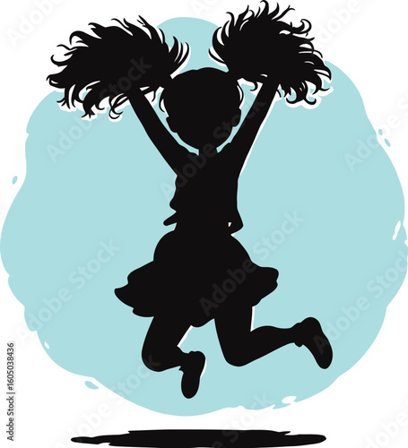 A silhouette of a young girl jumping in the air, holding pom-poms high above her head.