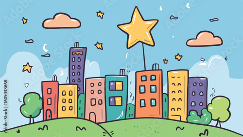Cityscape Cartoon Drawing with Star - Urban Fantasy Illustration