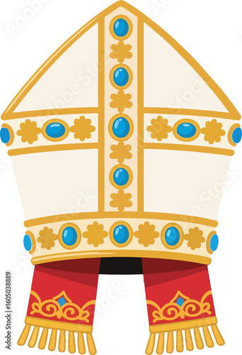 Cartoon Bishop Mitre with Blue Gems and Gold Embroidery – Religious Clergy Hat Illustration