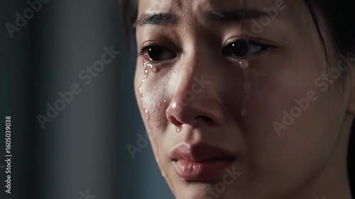 Close-up of a woman's face, tears streaming down