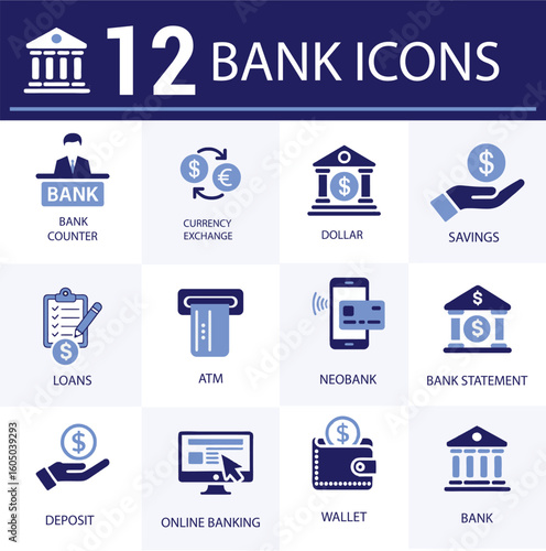 Twelve bank icons featuring financial transactions and banking services in blue and white theme