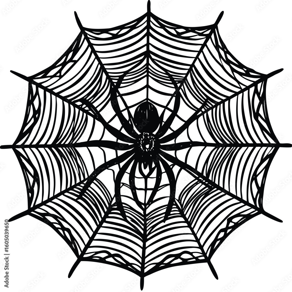 Fototapeta premium Black spider web with spider white arachnid