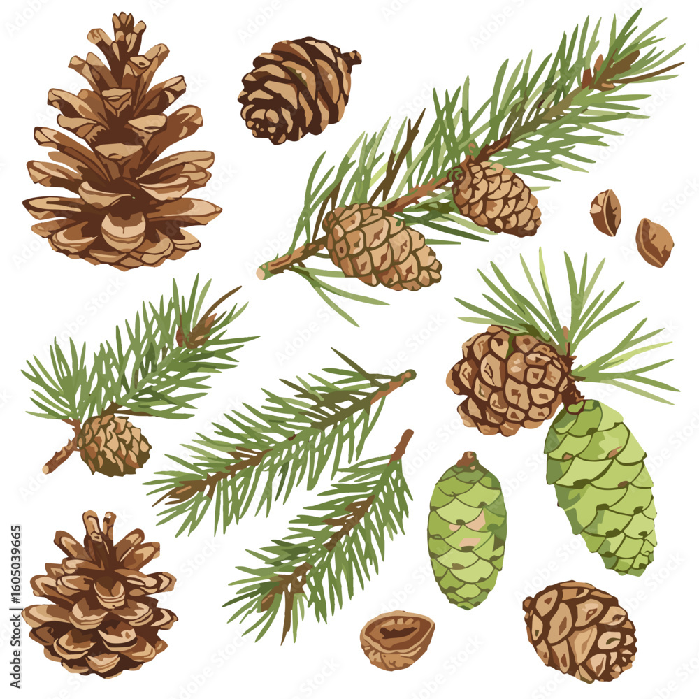 Fototapeta premium Watercolor pine cones and conifer branches illustration on white