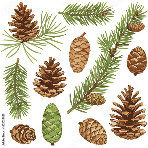 Watercolor pine cones and conifer branches illustration on white